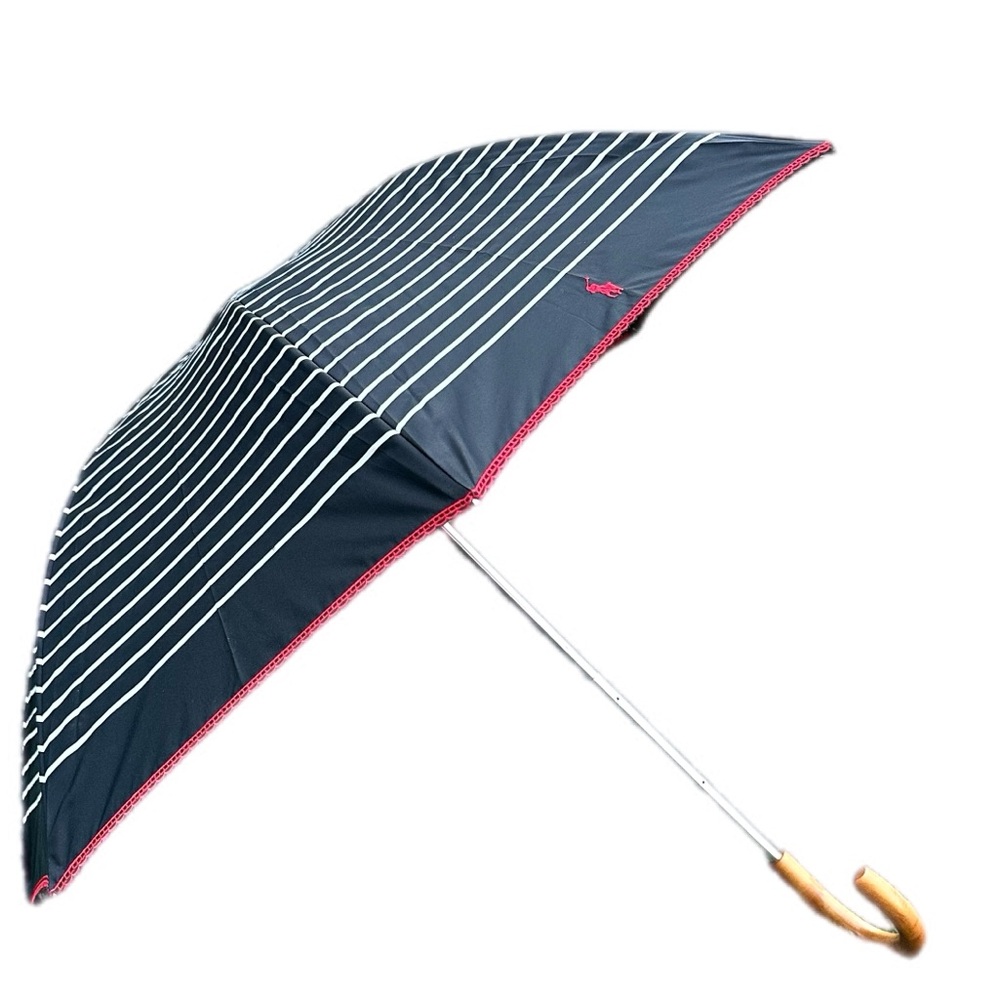 Polo Ralph Lauren black & white Pinstripe Umbrella with Wood Handle & Red Trim